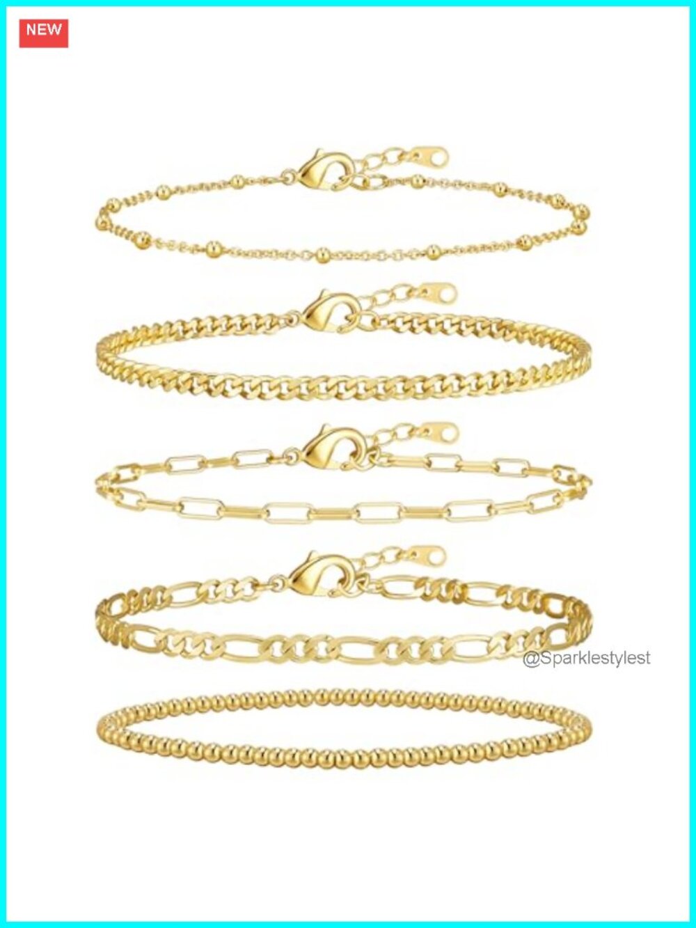 Gold Plated Stackable Bracelet Set Adjustable Paperclip Chain 6.5 Inch